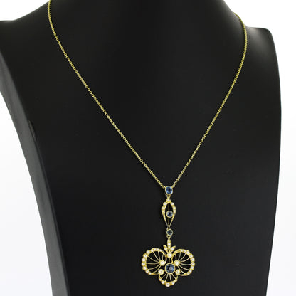 Collier 585 Gelbgold – Süßwasserperlen & Blautopas-Anhänger – 40 cm