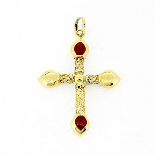 Filigraner Kreuz Anhänger 750 Gold 18 kt rot emailliert - Wert 800,-