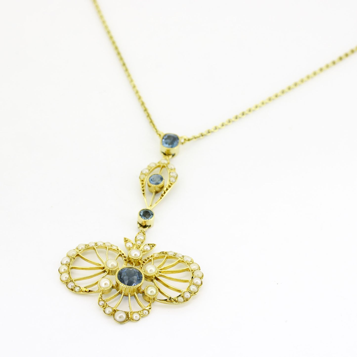 Collier 585 Gelbgold – Süßwasserperlen & Blautopas-Anhänger – 40 cm
