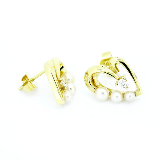 Herzform Ohrringe 585 Gold 14 Kt Gelbgold - Perlen und Zirkonia - Wert 580,-